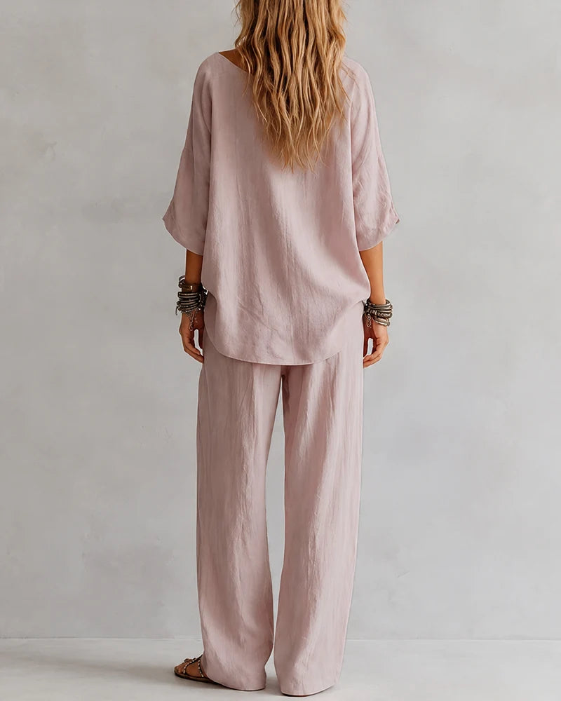 Casual Loose Linen Off-Shoulder Wide-Leg Set