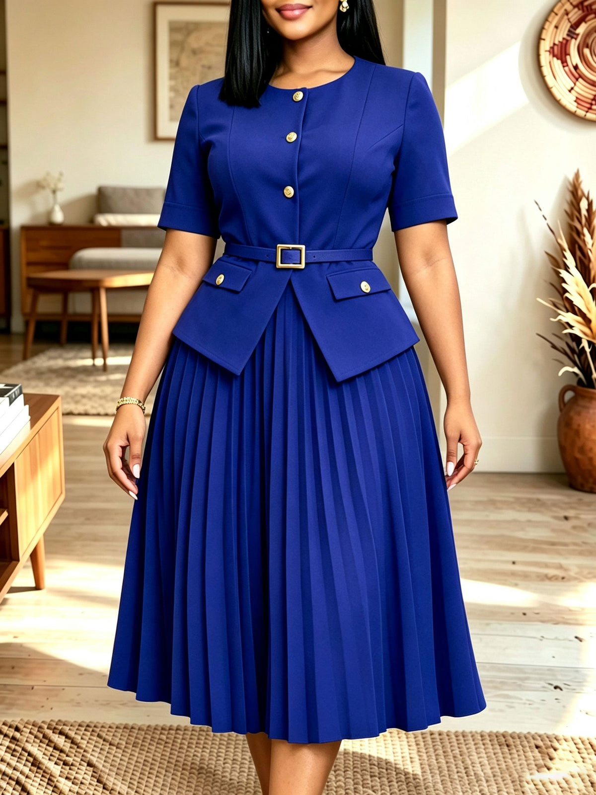 Women's burgundy and gold button belted pleated midi two-piece dress