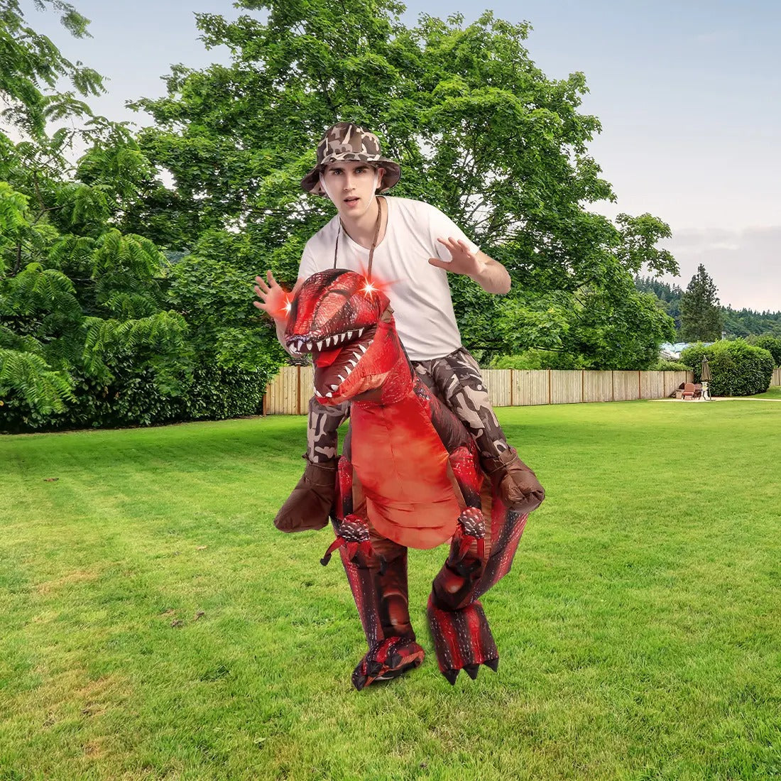 DEASIA  Men’s Inflatable T-Rex Dinosaur Costume – Full Body Blow-Up Halloween Costume with Glowing Red Eyes