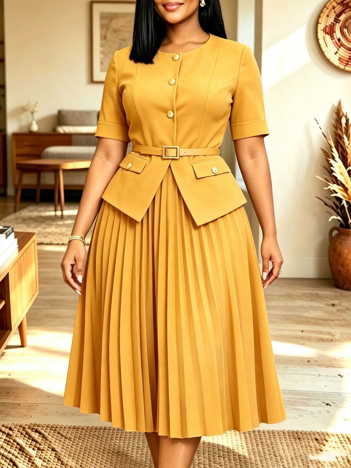 Women's burgundy and gold button belted pleated midi two-piece dress