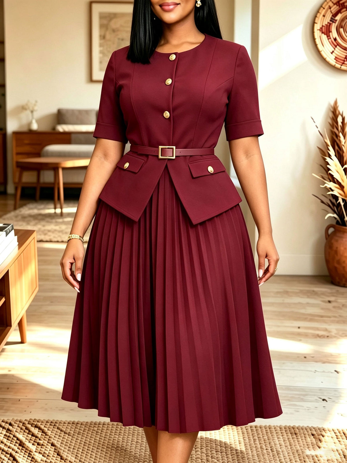 Women's burgundy and gold button belted pleated midi two-piece dress