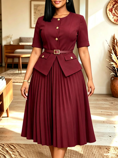 Women's burgundy and gold button belted pleated midi two-piece dress