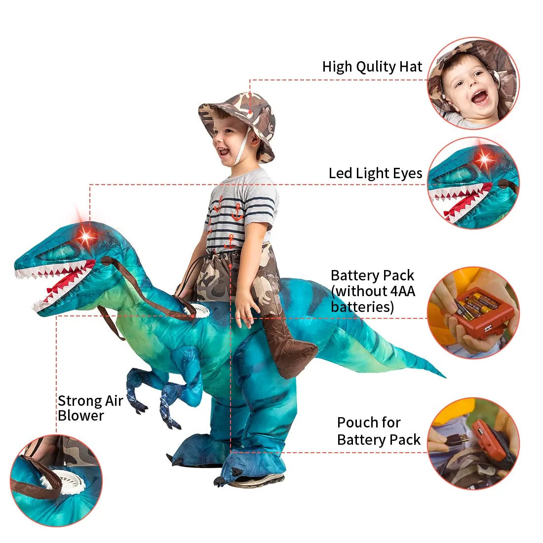 DEASIA  Men’s Inflatable T-Rex Dinosaur Costume – Full Body Blow-Up Halloween Costume with Glowing Red Eyes