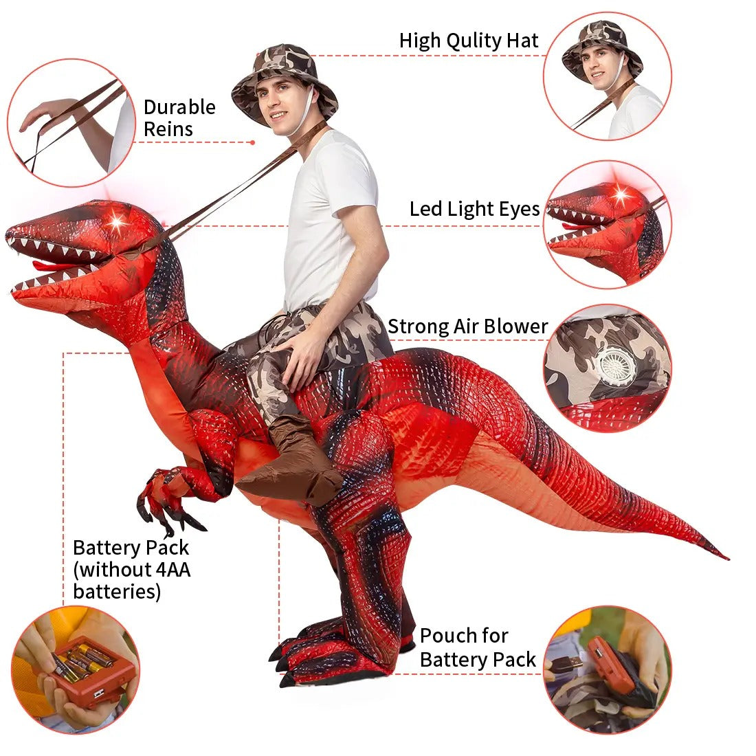 DEASIA  Men’s Inflatable T-Rex Dinosaur Costume – Full Body Blow-Up Halloween Costume with Glowing Red Eyes